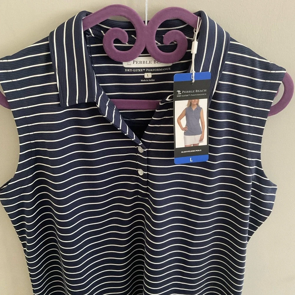 Pebble Beach Women's Navy and White Striped sleeveless polo.